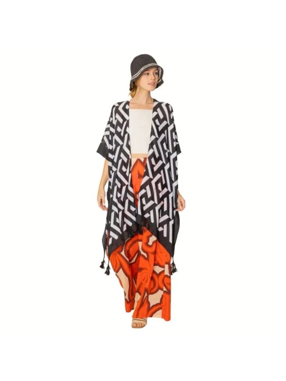 Geometric Print Open Front Kimono Tassel Edges Black White Women Beach Cruise - Picture 3 of 4